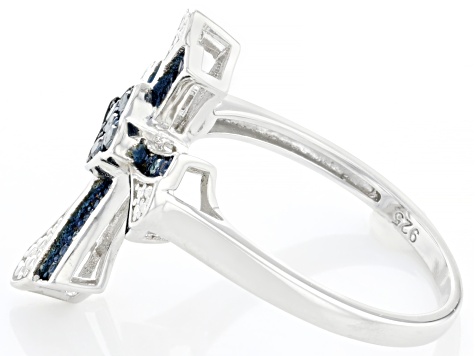 Blue Diamond Rhodium Over Sterling Silver Cross Ring 0.10ctw