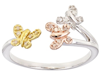 Picture of White Diamond Rhodium And 14K Yellow And Rose Gold Over Sterling Silver Butterfly Ring .10ctw