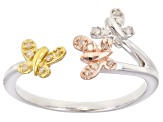 White Diamond Rhodium And 14K Yellow And Rose Gold Over Sterling Silver Butterfly Ring .10ctw