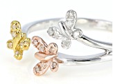 White Diamond Rhodium And 14K Yellow And Rose Gold Over Sterling Silver Butterfly Ring .10ctw