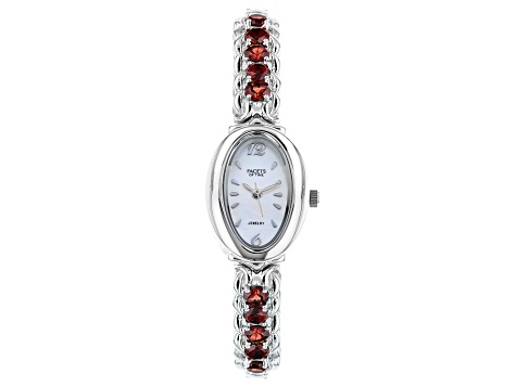 Red Garnet Rhodium Over Brass "Facets of Time" Watch 5.78ctw
