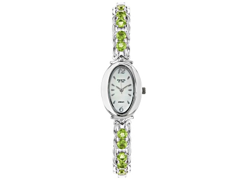 Green Peridot Rhodium Over Brass Wrist Watch 3.83ctw