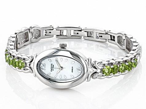 Green Peridot Rhodium Over Brass Wrist Watch 3.83ctw
