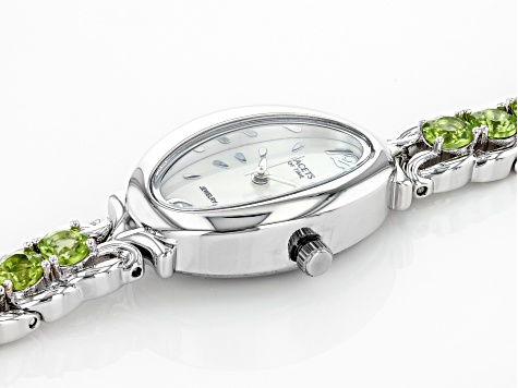 Green Peridot Rhodium Over Brass Wrist Watch 3.83ctw
