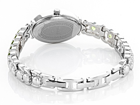 Green Peridot Rhodium Over Brass Wrist Watch 3.83ctw