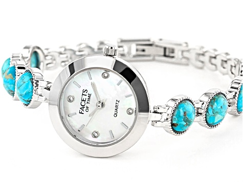 Blue Turquoise Rhodium Over Brass Watch 0.08ctw