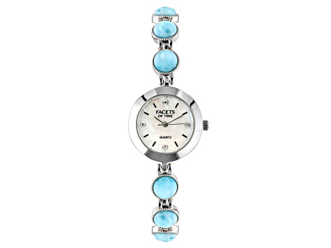 Blue Larimar Rhodium Over Brass Watch 0.08ctw