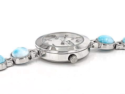 Blue Larimar Rhodium Over Brass Watch 0.08ctw