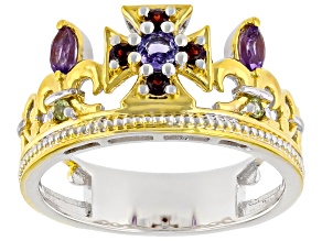 Multi Gemstone Rhodium & 24k Gold Over Palladium Sterling Silver Queen's Crown Ring 0.43ctw