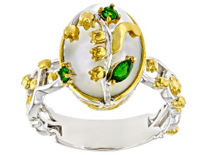 Green Chrome Diopside Rhodium & 24k Yellow Gold Over Palladium Sterling Silver Ring 0.17ctw