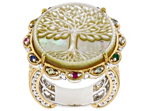 Golden Mother-of-Pearl Rhodium/24k Gold Over Palladium Sterling Silver Tree of Life Ring 0.12ctw