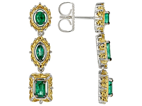 Green Grizzly Emerald Rhodium/24k Gold Over Palladium Sterling Silver Drop Earrings 1.09ctw