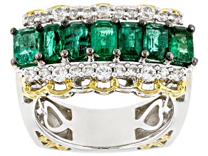 Green Grizzly Emerald, White Zircon Rhodium & 24k Gold Over Palladium Sterling Silver Ring 2.49ctw