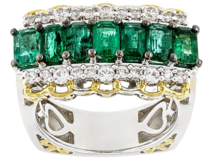 Green Grizzly Emerald, White Zircon Rhodium & 24k Gold Over Palladium Sterling Silver Ring 2.49ctw