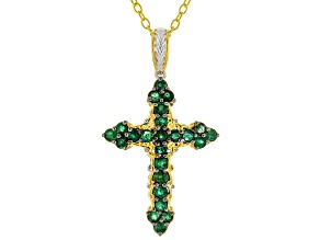 Green Grizzly Emerald Rhodium/24k Gold Over Palladium Silver Cross Pendant With Chain 1.21ctw