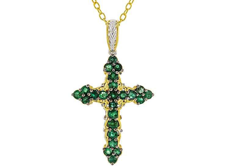 Green Grizzly Emerald Rhodium/24k Gold Over Palladium Silver Cross Pendant With Chain 1.21ctw