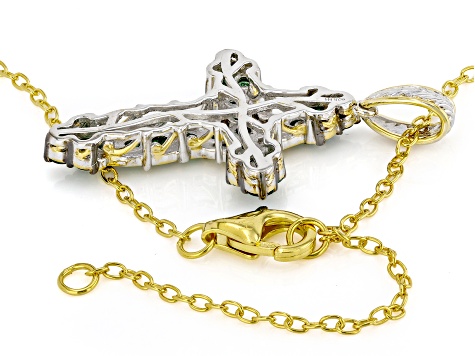 Green Grizzly Emerald Rhodium/24k Gold Over Palladium Silver Cross