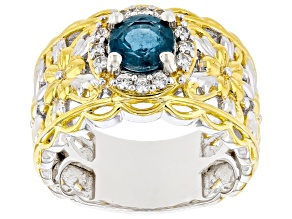 Teal Kyanite, White Zircon Rhodium/24k Yellow Gold Over Palladium Sterling Silver Band Ring 1.39ctw