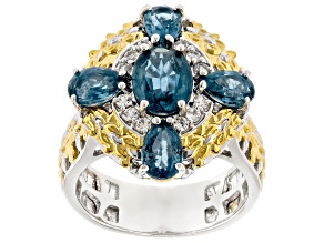 Teal Kyanite, White Zircon Rhodium/24k Yellow Gold Over Palladium Sterling Silver Ring 3.78ctw