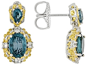 Teal Kyanite, White Zircon Rhodium/24k Yellow Gold Over Palladium Sterling Silver Earrings 2.33ctw