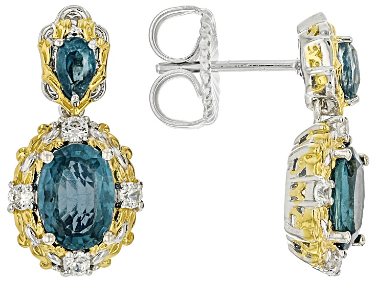 Teal Kyanite, White Zircon Rhodium/24k Yellow Gold Over Palladium Sterling Silver Earrings 2.33ctw