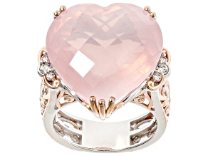 Rose Quartz, White Zircon Rhodium/18k Rose Gold Over Palladium Sterling Silver Heart Ring 0.18ctw