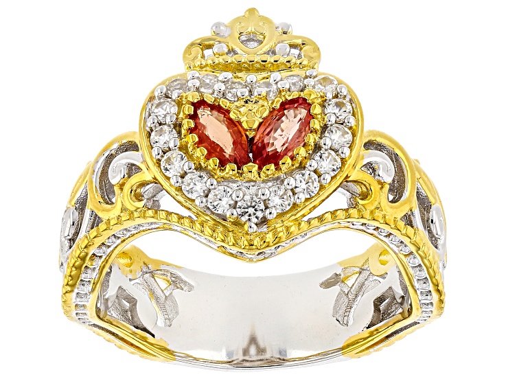 Padparascha Sapphire, White Zircon Rhodium/24k Gold Over Palladium