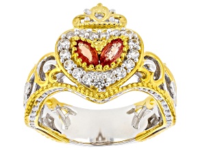 Padparascha Sapphire, White Zircon Rhodium/24k Gold Over Palladium Sterling Silver Crown Ring
