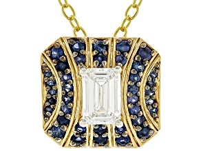 White Lab Grown Diamond, Blue Sapphire Rhodium/24k Gold Over Palladium Silver Pendant/Chain