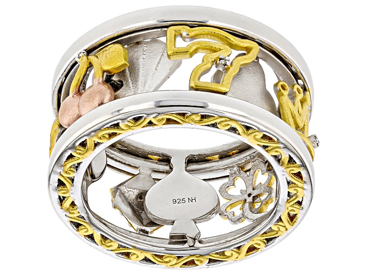 White Diamond Rhodium/24k Yellow Gold Over Palladium Sterling Silver "Lucky" Spinner Ring