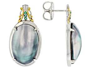 Cultured Mabe Pearl, Grizzly Emerald Rhodium/24k Gold Over Palladium Silver Earrings 0.11ctw