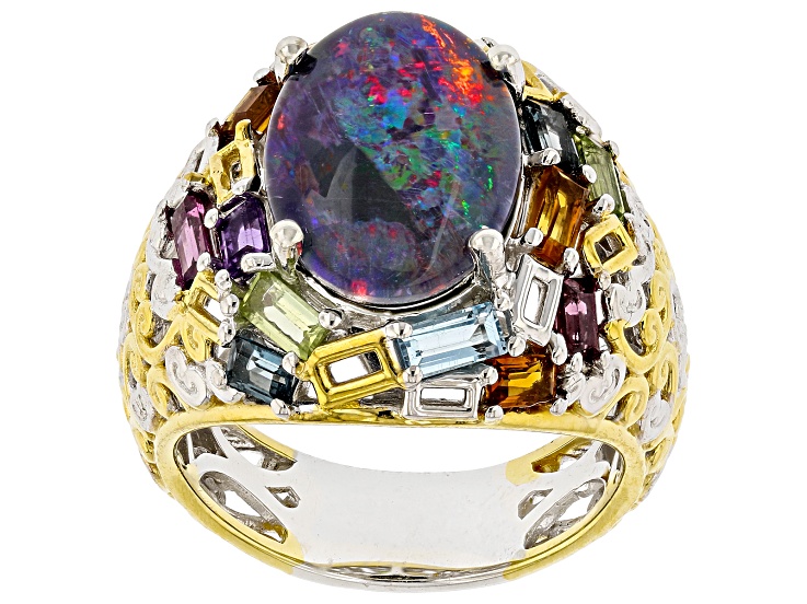 Australian Opal Triplet Rhodium/24k Gold Over Palladium Sterling Silver Ring 1.36ctw