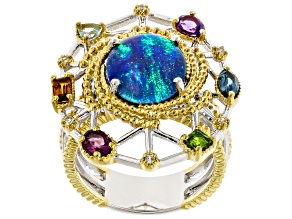 Peacock Australian Opal Triplet Rhod/24k Yellow Gold Over Palladium Sterling Silver Ring 0.77ctw