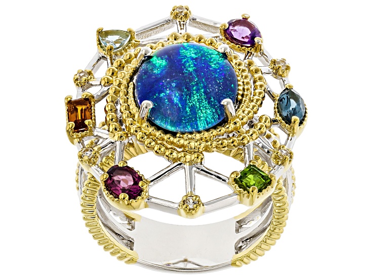 Peacock Australian Opal Triplet Rhodium/24k Yellow Gold Over Palladium Sterling Silver Ring 0.77ctw