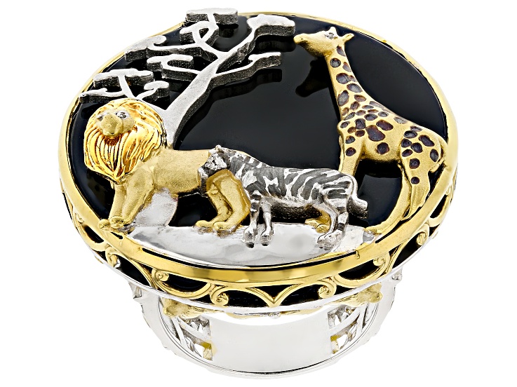 Black Onyx, Diamond Accent Rhodium/24k Gold Over Palladium Sterling Silver Safari Ring