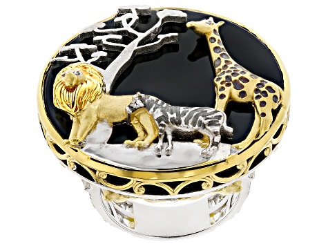 Black Onyx, Diamond Accent Rhodium/24k Gold Over Palladium Sterling Silver Safari Ring