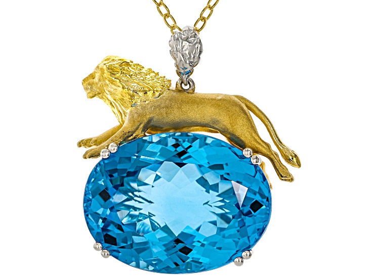 Swiss Blue Topaz Rhodium/24k Gold Over Palladium Sterling Silver Lion Pendant With Chain 31.06ct