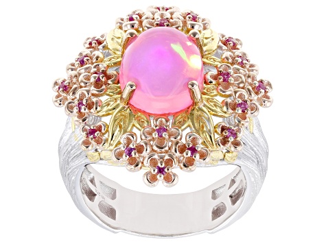 Pink Ethiopian Opal, Pink Sapphire Rhodium/18k Gold Over Palladium Sterling Silver Ring 2.00ctw