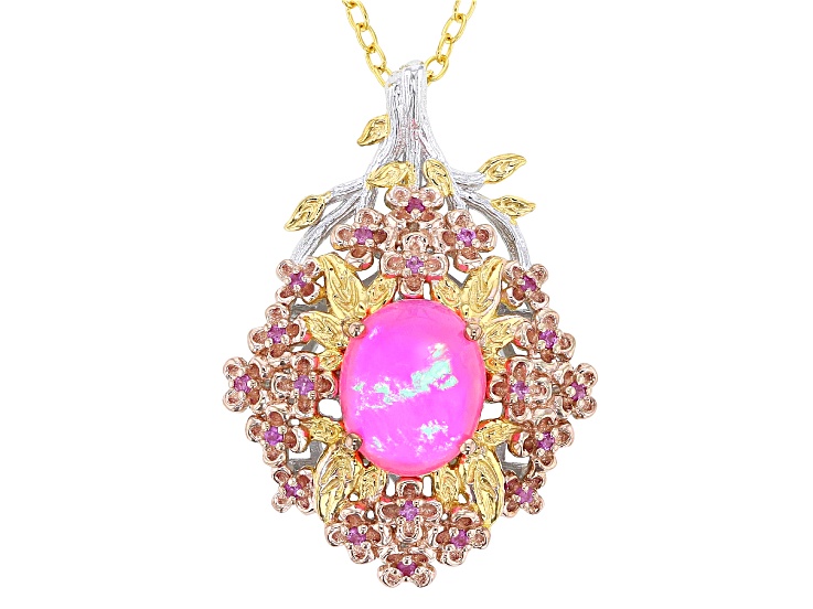 Pink Ethiopian Opal Rhodium/18k/24k Gold Over Palladium Sterling Silver Pend With Chain 2.40ctw