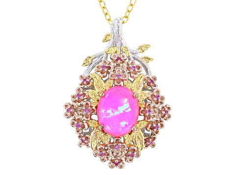 Pink Ethiopian Opal Rhodium/18k/24k Gold Over Palladium Sterling Silver Pend With Chain 2.40ctw