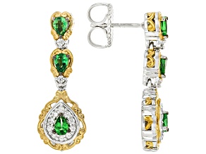 Green Tsavorite, White Zircon Rhodium/24k Gold Over Palladium Sterling Silver Drop Earrings 1.28ctw