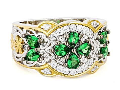 Green Tsavorite, White Zircon Rhodium & 24k Gold Over Palladium Sterling Silver Band Ring 1.64ctw