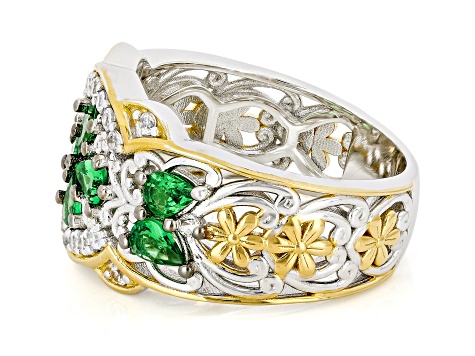 Green Tsavorite, White Zircon Rhodium & 24k Gold Over Palladium Sterling Silver Band Ring 1.64ctw