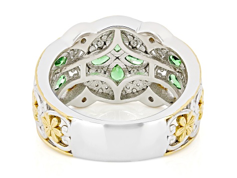 Green Tsavorite, White Zircon Rhodium & 24k Gold Over Palladium Sterling Silver Band Ring 1.64ctw