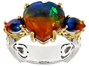 Bi-Color Ethiopian Opal Rhodium & 24k Yellow Gold Over Palladium Sterling Silver Heart Ring 4.58ctw