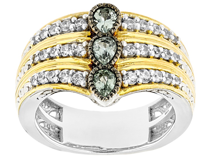 Green Chrysoberyl With White Zircon Rhodium & 24k Gold Over Palladium Sterling Silver Ring 1.26ctw