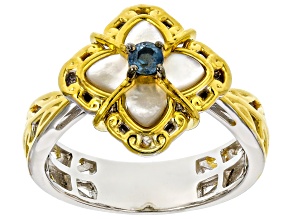 Blue Santa Maria Aquamarine, White MOP Rhod/24k Gold Over Palladium Sterling Silver Ring .10ct