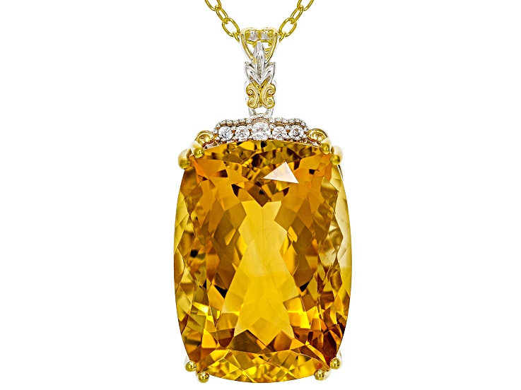Rio Grande Citrine, White Zircon Rhodium/24k Gold Over Palladium Silver Pendant With Chain 35.95ctw