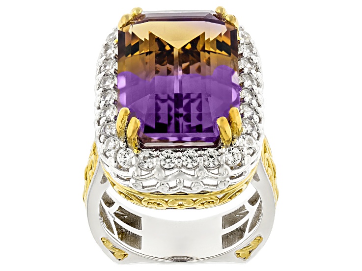 Bi-Color Ametrine & White Zircon Rhodium & 24k Gold Over Palladium Sterling Silver Ring 16.67ctw