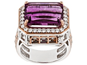 Pink Fluorite, White Zircon Rhodium & 18k Rose Gold Over Palladium Sterling Silver Ring 9.67ctw
